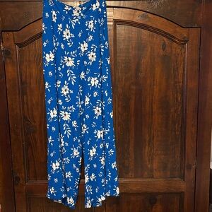 Blue Rain Floral Wide Leg Pants in Blue and White